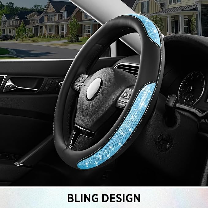 Road Comforts Pixel Glitter Steering Wheel Cover, 14.5–15 Inch Leather Steering Wheels Snug Fit, Anti-Slip Leather Grip, Elegant Sparkle Design, Universal Fit - Light Blue