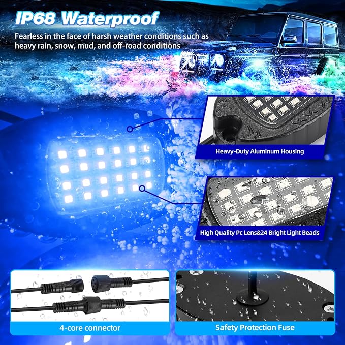 8 Pods Alloy RGB LED Rock Lights, Shockproof Heavy Duty Metal Underglow Kit for Jeep Truck Pickup Offroad ATV UTV Golf Cart, 12V Waterproof Neon Underbody Lights with APP/RF Control & Brake Signal