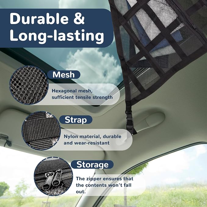 Large Black Car Ceiling Cargo Net with Three Handles Mesh Truck Pocket, Double-Layer Roof Rack Cargo Net for Road Trip Organizers Camping Storage Car Living Essentials
