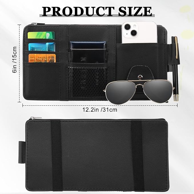 Boao 2 Packs Car Sun Visor Organizer, Sunglasses Holders for Car Sun Visor PU Auto Interior Accessories Storage Travel Document Holder with Multi Pocket (Black, Gray, 12.2 x 6.1 Inches)
