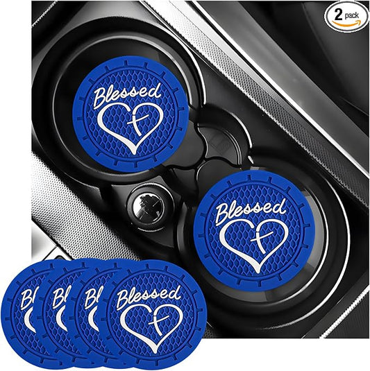 KVAEY 2 PCS Car Cup Holder Coasters, 2.76 Inch Anti Slip Vehicle Drink Mats with Cute Blessed Cross and Heart, Shockproof, Universal Car Accessories (Blue, 4 PCS)