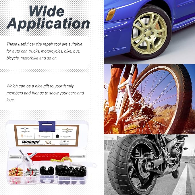 70Pcs Tire Patch Kit Heavy Duty, Tire Roller, Liner Scraper, Rubber Repair Patches, Valve Core Removal Tool with Tire Valve Caps, 4-Way Valve Tool and Valve Core Wrench