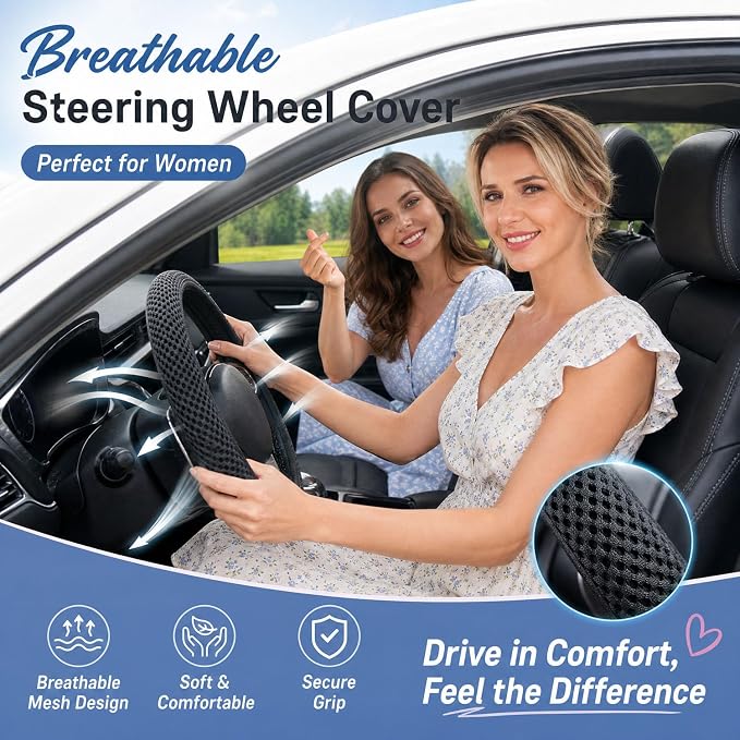 Mesh Ice Silk Cooling Car Steering Wheel Cover for Men Women,Summer Universal Breathable Stretch Anti-Slip Wheel Cover 14.5-15" for Cars, Trucks, Pickups, SUVs (Black)