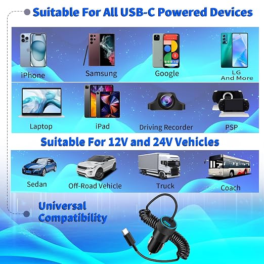 [Apple MFi Certified] iPhone 17 Car Charger Fast Charging, Braveridge 4.8A USB Power Cigarette Lighter USB-C Car Charge + 6FT Type-C Coiled Cord for iPhone 17/17 Pro Max/16 Pro/15/Galaxy S26/S25/Pixel