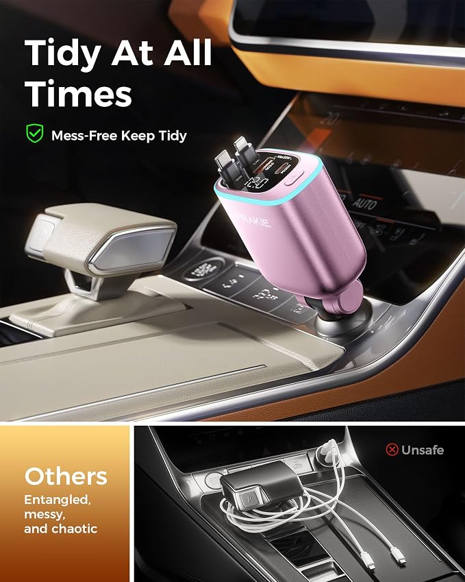 iPhone Car Charger, Retractable Fast USB C Phone Charger, 4 in 1 Cigarette | Lighter Adapter with 2 Cables 25 Inch and 2 USB Ports, Multi Port USB Car Charging for iPhone 17/16/15/14/13/Pro Max-Pink