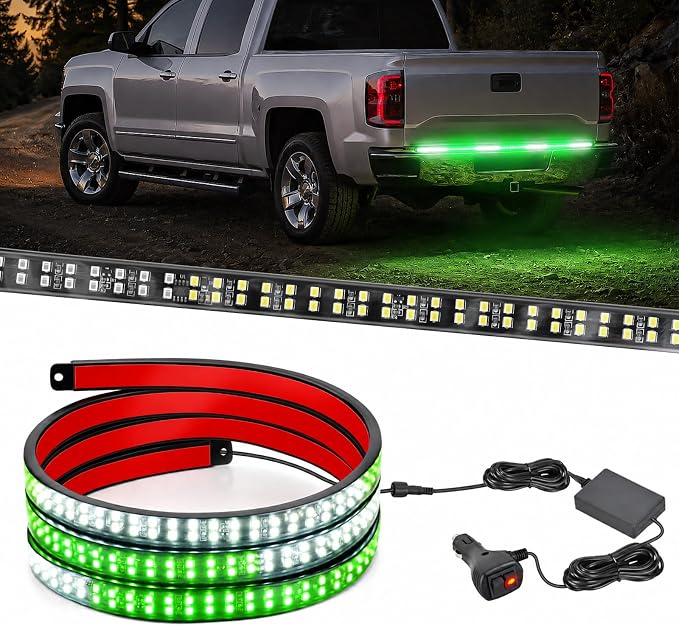 Nilight 60 Inch Truck Tailgate Strobe Light Strip Tail Emergency Bar Rear Window Warning Lamp Ultra-Bright Double Row 360 LED for Pickup Trailers Construction Vehicles Car SUV, Green White