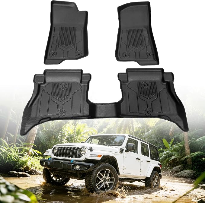 Floor Mats for Jeep Wrangler 4XE 4 Door 2021-2026 (Not for JL,JK or 2 Door) | Custom Fit Heavy Duty TPE All Weather Protection, Waterproof Non-Slip Black Car Liners (Two-Row Floor Mats)