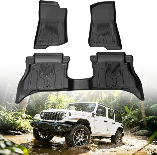 Floor Mats for Jeep Wrangler 4XE 4 Door 2021-2026 (Not for JL,JK or 2 Door) | Custom Fit Heavy Duty TPE All Weather Protection, Waterproof Non-Slip Black Car Liners (Two-Row Floor Mats)