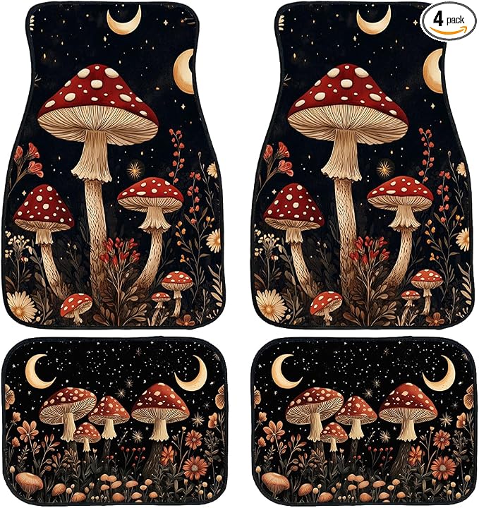 Mushroom Car Floor Mats Set of 4 Red Moon Star Night Wildflower Magic Automotive Foot Mats Rugs Carpet for Car Non-Slip Auto Car Accessories Universal Fit for Car SUV Truck Van