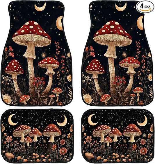 Mushroom Car Floor Mats Set of 4 Red Moon Star Night Wildflower Magic Automotive Foot Mats Rugs Carpet for Car Non-Slip Auto Car Accessories Universal Fit for Car SUV Truck Van