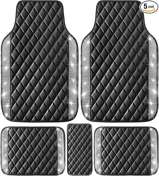 NBTEPEM Bling Leather Car Floor Mats Full Set, Sparkly Diamond Car Mats Universal Fit Most Automotive, Glitter Rhinestone Carpet Waterproof Anti-Slip, 5 pcs Set (Black Leather Silver Diamond)