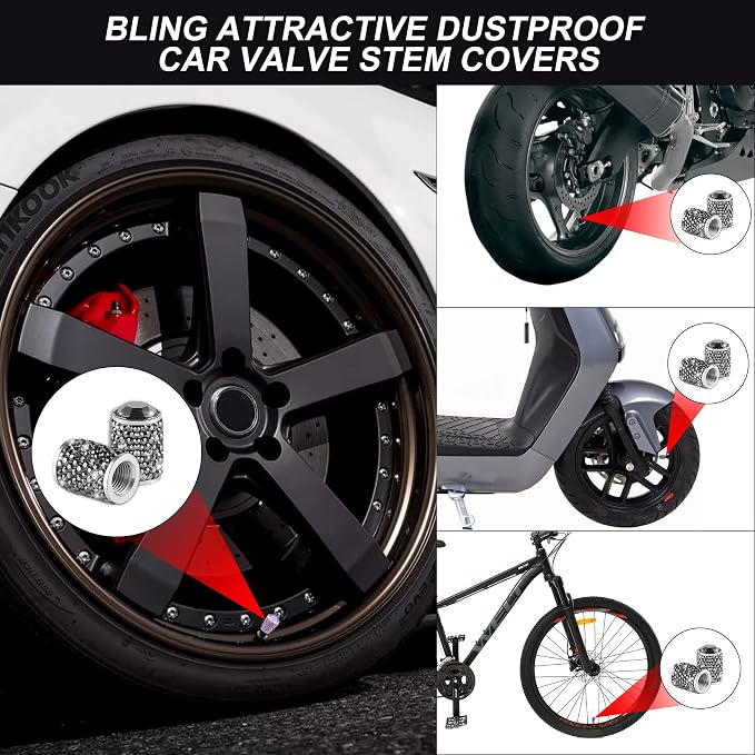 Alpmosn Car Wheel Tire Valve Caps, 4 PCS Bling Tire Valve Caps, Crystal Tire Caps Shinny Rhinestone for Women, Universal Car Dustproof Tire Valve Caps for Cars, Trucks, SUV and Motorcycles (Gray)