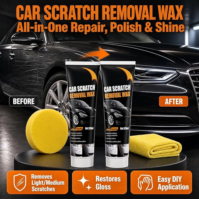 2026 Upgraded Scratch Remover for Vehicles, Car Scratch Removal Wax Kit for Scratches, Swirl Marks & Stains, with Sponges & Towels, Car Paint Scratch Repair Paste for All Vehicles, Easy to Use, 2 Pack