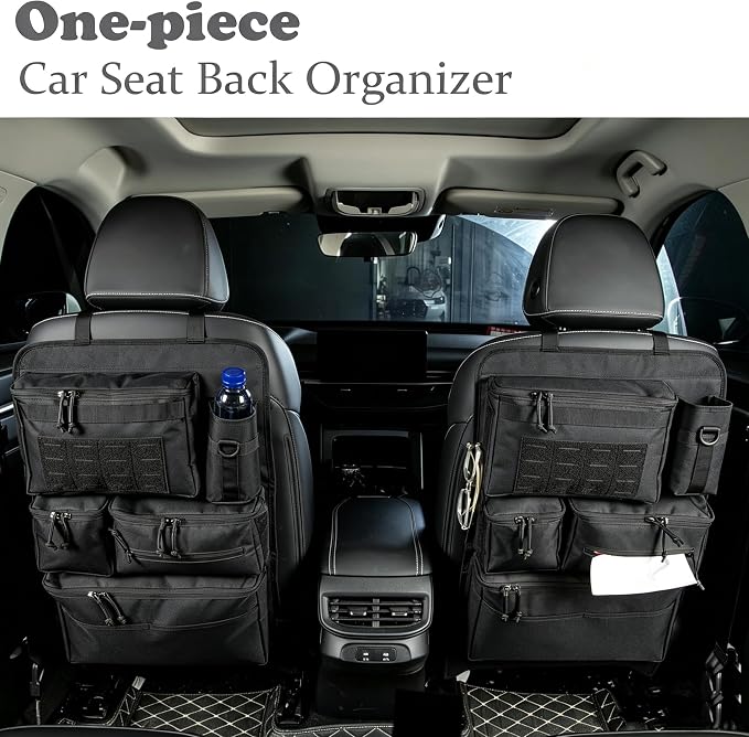 One-Piece Universal Car Seat Back Organizer with Tissue & Water Bottle Bag | Tactical Molle Car Backseat Organizer, Multi Separate Storage Compartments,for Car Truck Pickups SUVs
