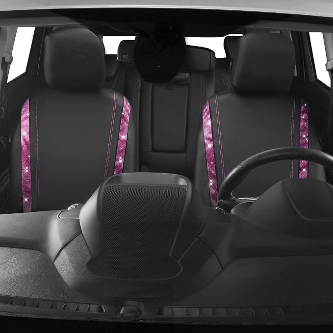 CAR PASS Leather Bling Diamond Car Seat Covers 2 Front Interior Sets, Waterproof Universal Shining Glitter Crystal Sparkle Fit for Automotive Truck SUV Cute Women Girl, Black Pink Rhinestones