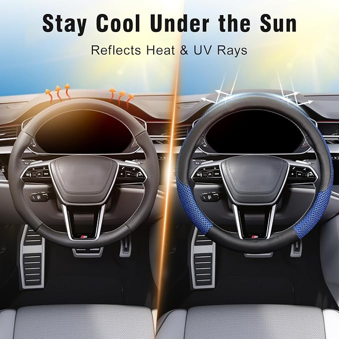 KAFEEK Steering Wheel Cover, Universal 15 inch, Microfiber Leather Viscose, Breathable, Anti-Slip,Warm in Winter and Cool in Summer, Black&Blue
