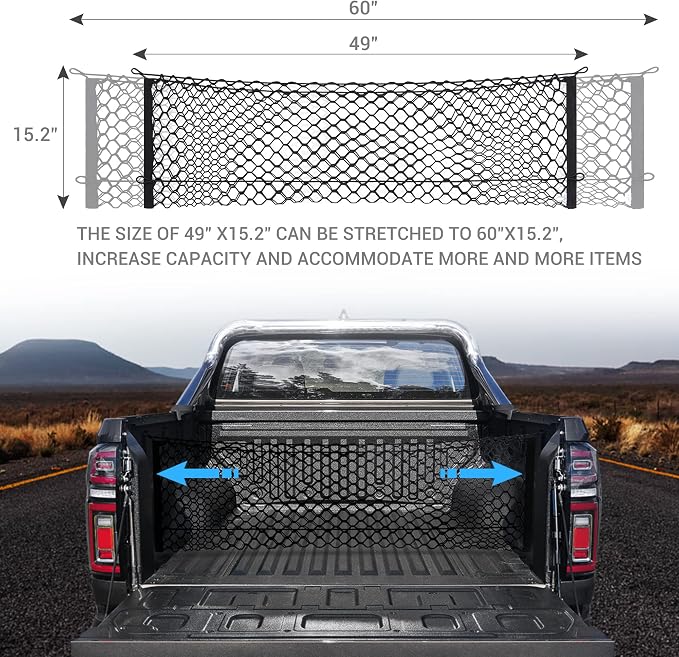 MICTUNING Truck Bed Cargo Net, 49"x15.2" Stretch to 60" Elastic Pickup Cargo Net with 4 Metal Carabiners, Compatible with 2013-2022 Chevy Silverado & 2015-2024 Ford F150 F250 Truck