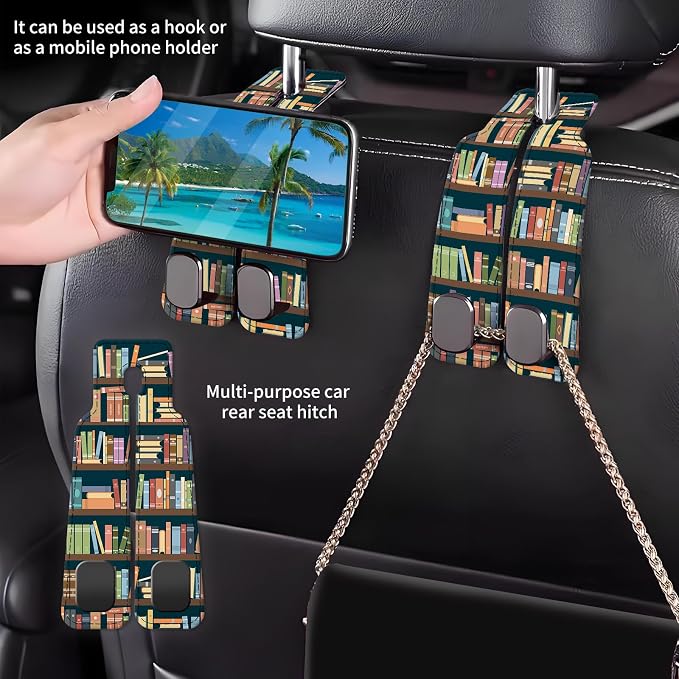 Car Seat Back Storage Headrest Hook, Premium Leather Double Metal Hook, Hanger Storage Organizer for Purse Cloth Bag, Car Interior Accessories Cute Book Shelf