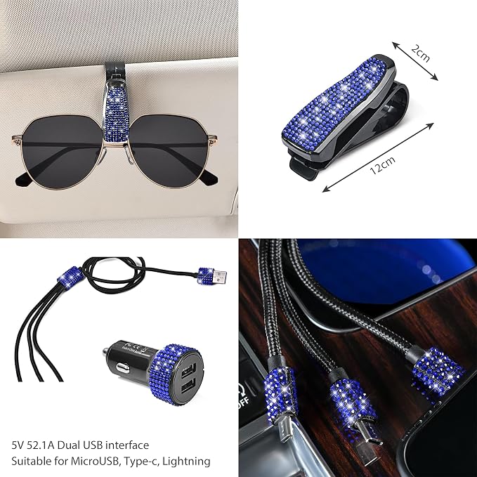 CAR PASS 30 PCS Bling Diamond Car Accessories Set for Women, Bling Steering Wheel Covers 15 Inch, Shining Rhinestone License Plate Frame, Sparkly Phone Holder, Cute Interior Set Decorations, Blue