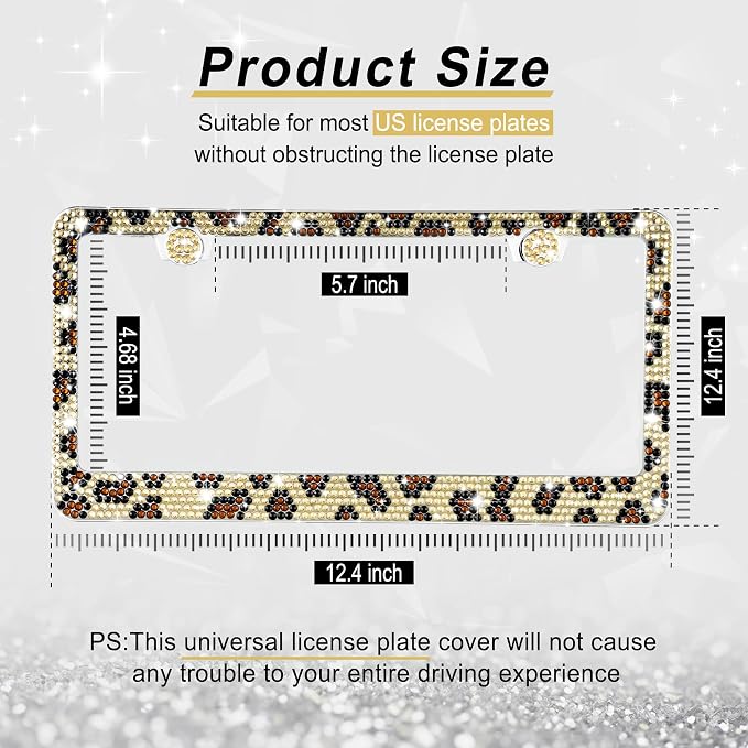 GaRhomxy Bling License Plate Frames for Women, 1 Pack Handcrafted Sparkly Rhinestone Car Accessories, Premium Stainless Steel Frame with 1000+ Faceted Glass Crystals & Glitter Caps (Leopard Print)