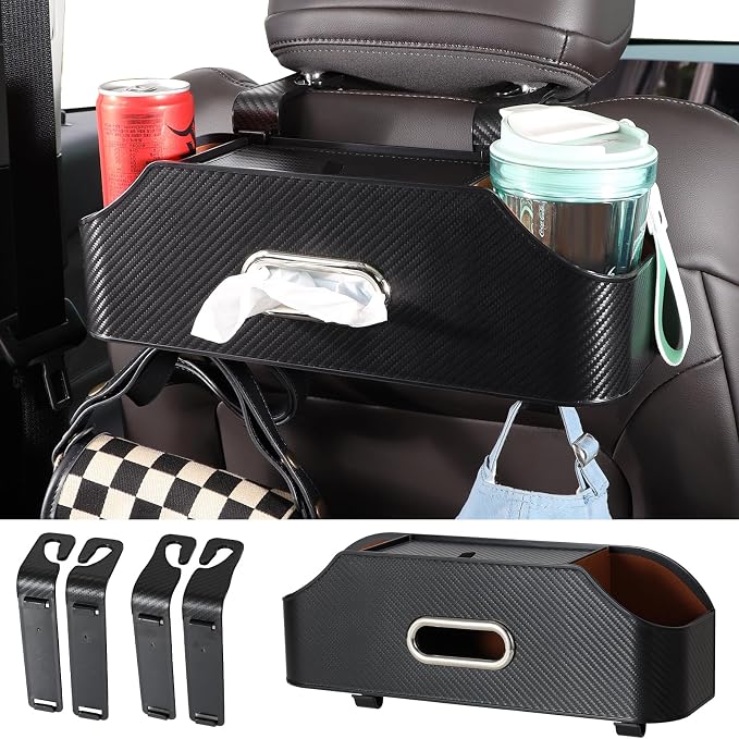 Car Rear Backseat Extra Multifunctional Drink Cup Holder Organizers with Tissue Storage Box Organizer & Hooks for Car Seat Back. Imitation Carbon Fiber