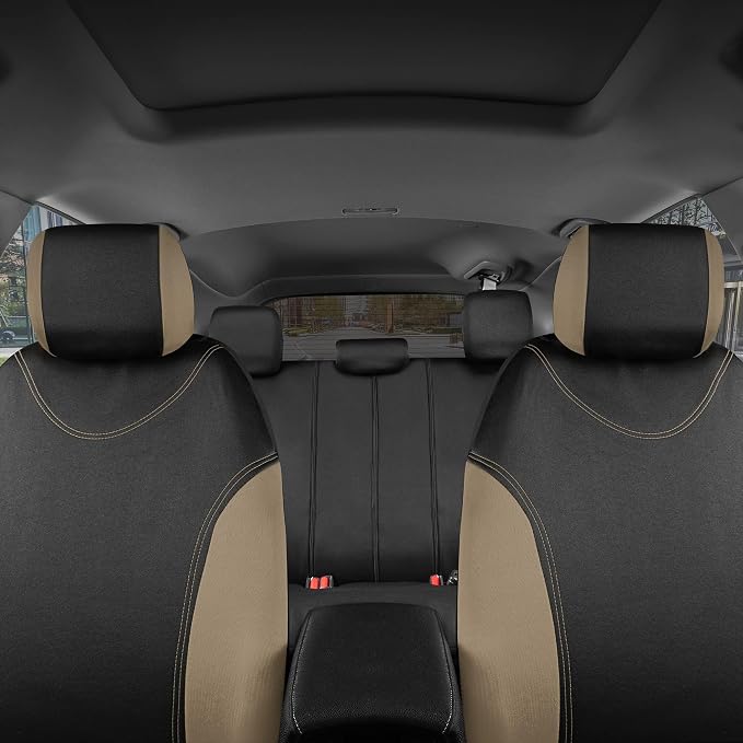 BDK UltraSleek Beige Seat Covers for Cars Full Set, Two-Tone Front Seat Covers with Matching Back Seat Cover, Stylish Car Seat Protectors with Split Bench Design,