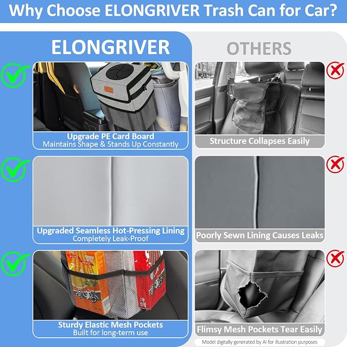 ELONGRIVER Car Trash Can Bin for Back Seat Leak Proof, Cute Car Trash Bag Hanging, Vehicle Trash Can for SUV Truck Van, Automotive Garbage Cans Front Seat Grey
