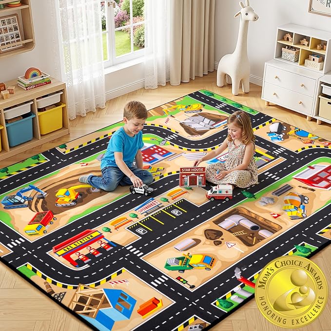 Kids Rug, 5x7 Ft Construction Play Rug for Kids | Extra Thick 0.4in Soft Construction Site Play Rug with Non-Slip Rubber Backing,Machine Washable for Bedroom & Playroom
