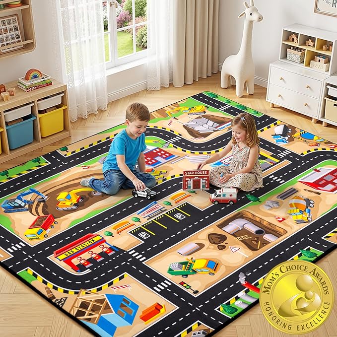 Kids Rug, 3x5 Ft Construction Play Rug for Kids | Extra Thick 0.4in Soft Construction Site Play Rug with Non-Slip Rubber Backing,Machine Washable for Bedroom & Playroom