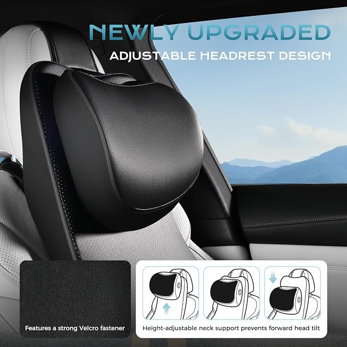 Coverado Car Seat Cushion and One Piece Lumbar Support Headrest Pillow, Adjustable Velcro Design Car Neck Pillow, Ergonomic Memory Foam Car Back Support Driving Seat Cushion for Back Pain Relief,Black