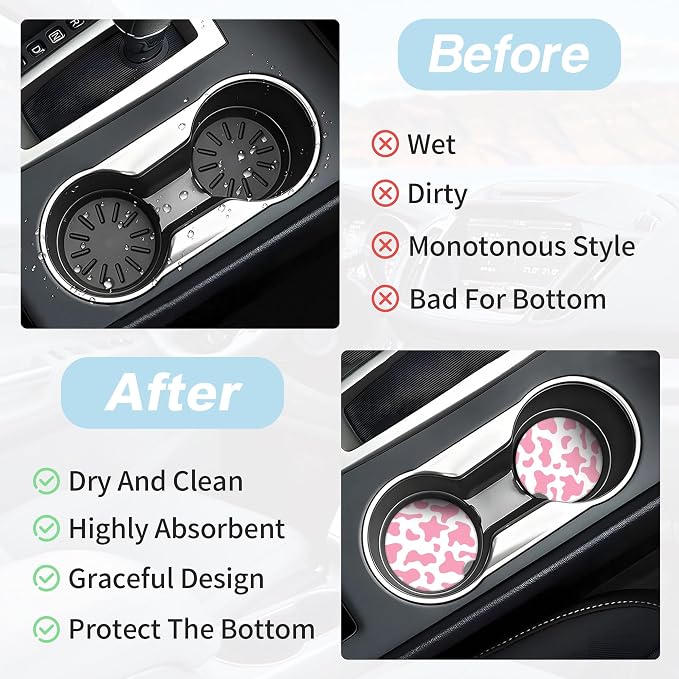 Pink Cow Print Car Coasters for Cup Holders,2 Pack Car Cup Holder Coasters for Car,Ceramic Absorbent Car Coaster with A Finger Notch and Cork Base,Car Interior Accessories for Women Men