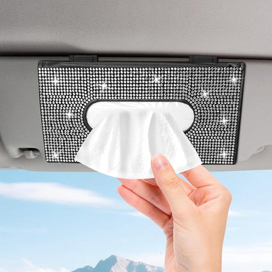 Bling Car Tissue Holder for Sun Visor, Crystal Rhinestone Visor Tissue Box, Leather Vehicle Paper Towel Case, Sparkling Auto Napkin Holder for Women, Car Accessories Decoration (White)