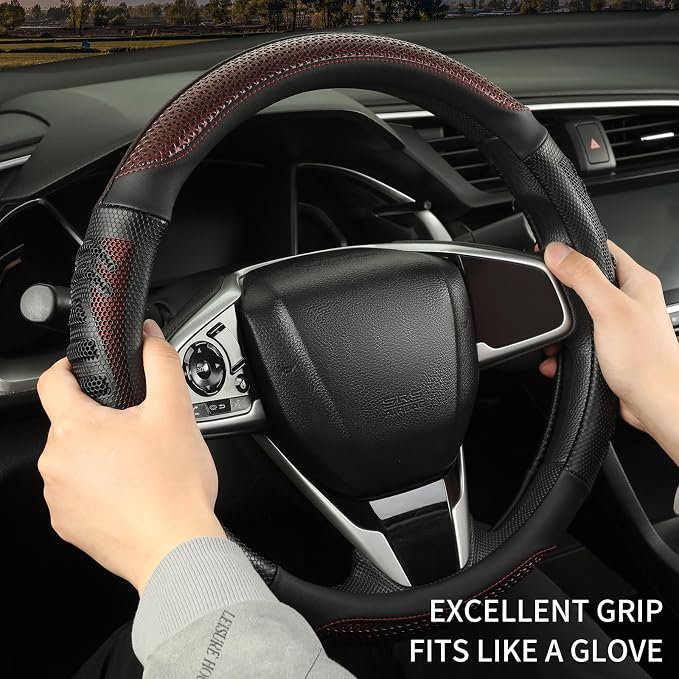 D Shaped Steering Wheel Cover Great Grip with 3D Honeycomb Hole | Anti-Slip Silicone Heavy-duty Microfiber Leather Sporty Design, Universal 14.5 inch - 15 inch, Black with Burgundy