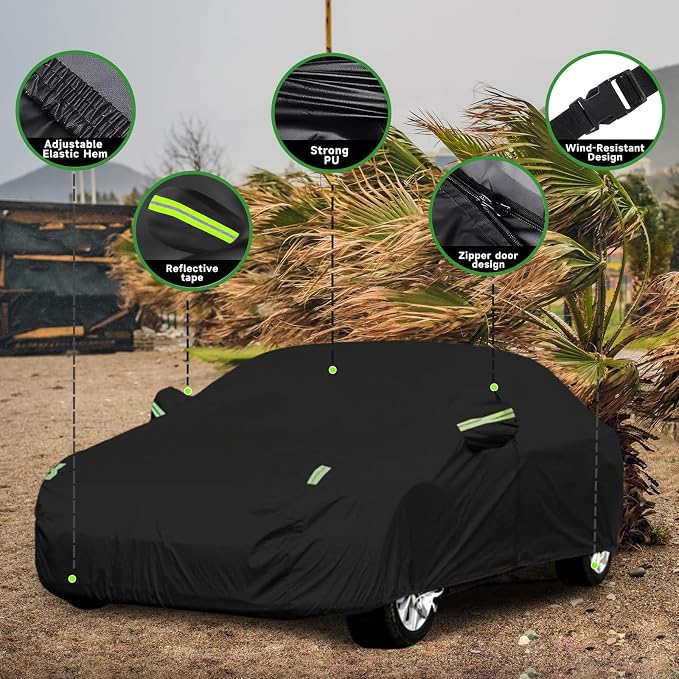 Waterproof Car Cover for Sedans 194-208 Inches, 210D Heavy Duty All Weather Auto Cover with Driver Door Zipper & Tire Straps, UV Sun Rain Snow Hail Protection