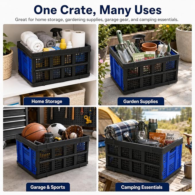 Collapsible Storage Crates 2 Pack, Heavy Duty Foldable Plastic Storage Bins, Stackable Garage & Trunk Organizers for Car, Home, Grocery & Moving Storage, 49L, Blue