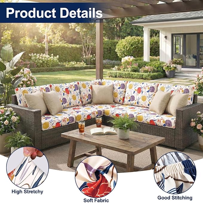 Smiry Waterproof Patio Cushion Covers, Stretch Outdoor Couch Slipcovers Replacement Washable Furniture Protector Sofa Chair Seat Cover for Dogs and Pets (14 Pcs, Orange)