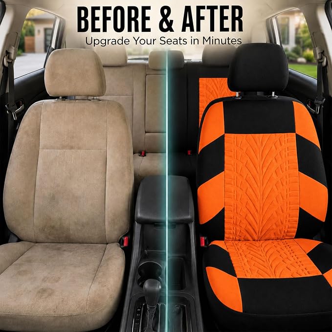 FH Group Full Set Travel Master Car Seat Covers, Airbag and Split Rear Car Seat Cover Universal Fit Interior Accessories for Cars Trucks SUV, Automotive Seat Covers, Orange