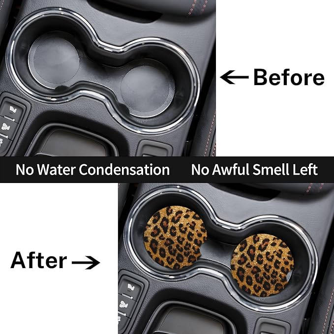 Leopard Print Shiny Car Cup Holder Coasters 2 Pack 2.63" for Women | Glittering Universal Anti Slip Ceramic Absorbent Coaster with Cork Base and Finger Notch Cute Car Accessories Interior