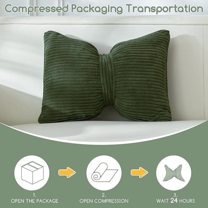 HIGOGOGO Lumbar Support Pillow for Recliner Chair, Bow Knot Shaped Back Support Cushion, Striped Corduroy Soft Decorative Lumbar Pillow for Office Chair, Sofa, Car, Bed, Living Room - Dark Green