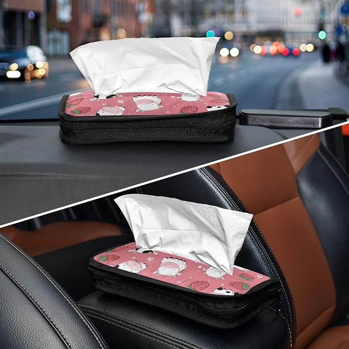 Cows Strawberry Flower Car Tissue Holder Durable Napkin Holder Hanging Tissue Holders Case Car Tissues Bag for Sun Visor Seat Back Universal Auto