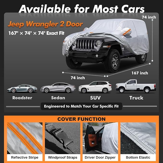 Jeep Wrangler 2 Door Cover Waterproof All-Weather,Outdoor Full Exterior SUV Cover for Wrangler YJ TJ JK JL(1987-2026),with Windshield Sun Shade,Towel&Storage Bag,Size J2 (See Size Chart)