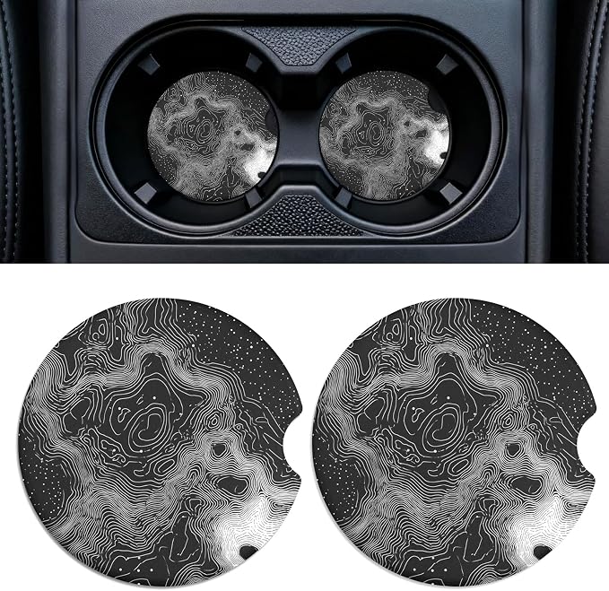 2 Pack Ceramic Car Coasters for Cup Holder, 2.56 in Anti Slip Absorbent Coaster with Cork Base and Finger Notch, Funny Cute Car Accessories for Women, Topographic Map