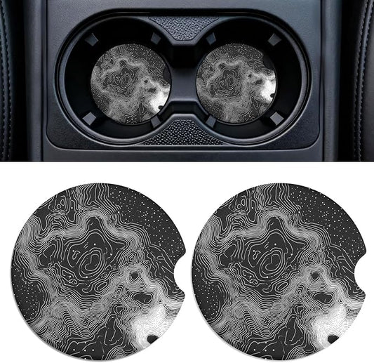 2 Pack Ceramic Car Coasters for Cup Holder, 2.56 in Anti Slip Absorbent Coaster with Cork Base and Finger Notch, Funny Cute Car Accessories for Women, Topographic Map