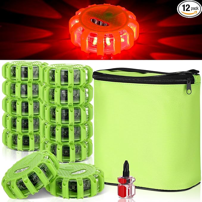 Tallew 12 Pack LED Road Flares Emergency Lights Roadside 9 Flash Modes Warning Car Safety Beacon Magnet Hook Flashing Disc Flare Kit for Vehicles Car Truck Boats Holiday Gift(Green)