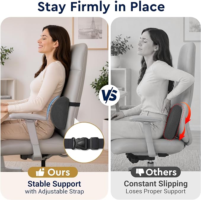 Lumbar Support Pillow for Office Chair - Ergonomic Lower Back Support Pillow with Adjustable Strap, C-Curve Back Cushion with T-Support Core for Car Seat, Gaming Chair, Desk Chair, Grey