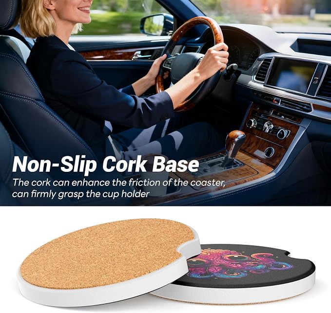 Car Cup Holder Ceramic Coasters 2 Pack, 2.56 in Anti Slip Absorbent Coaster with Cork Base and Finger Notch, Funny Cute Car Accessories Interior for Women, Octopus