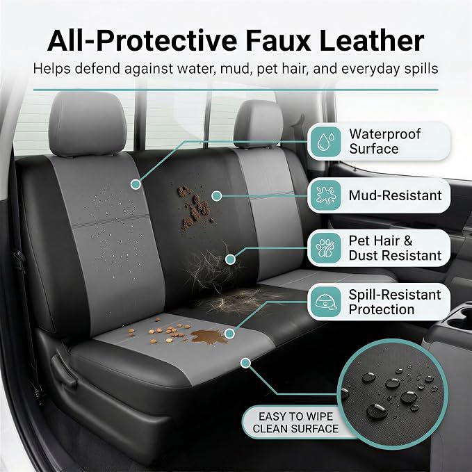 FH Group Car Seat Covers Classic PU Leather Split Bench Car Seat Cover – Universal Fit for Cars Trucks & SUVs (Black/Gray)