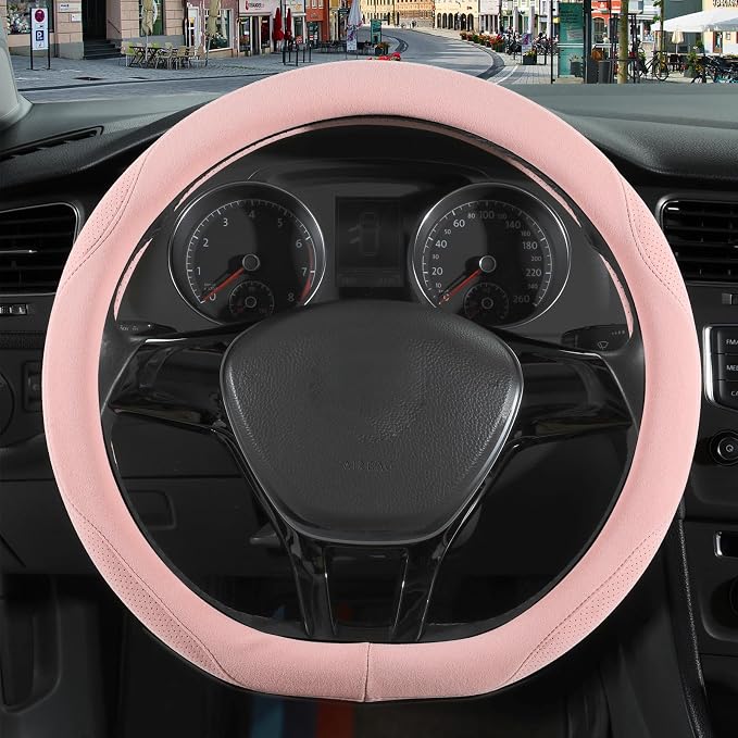 Pink Suede D Shaped Steering Wheel Cover 13.5 inch to 14 inch | Warm in Winter and Cool in Summer, Small Felt Car Accessories, Breathable Non-Slip Sweat-Proof Wear-Resistant