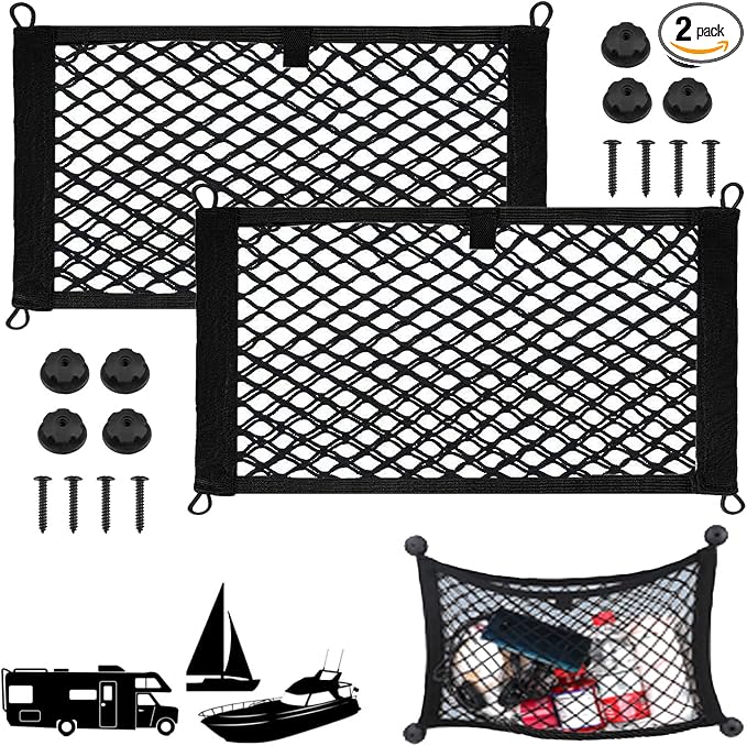 2 Pack Small Cargo Net Pocket Storage Mesh Net Elastic Automotive Cargo Nets Storage Pouch for Car Trunk Net, RV, Boat Storage Mesh Pocket Net with 8 Mounting Screws and Hooks (24 x 9.8 Inches)