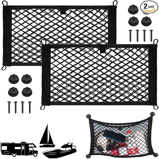 2 Pack Small Cargo Net Pocket Storage Mesh Net Elastic Automotive Cargo Nets Storage Pouch for Car Trunk Net, RV, Boat Storage Mesh Pocket Net with 8 Mounting Screws and Hooks (24 x 9.8 Inches)